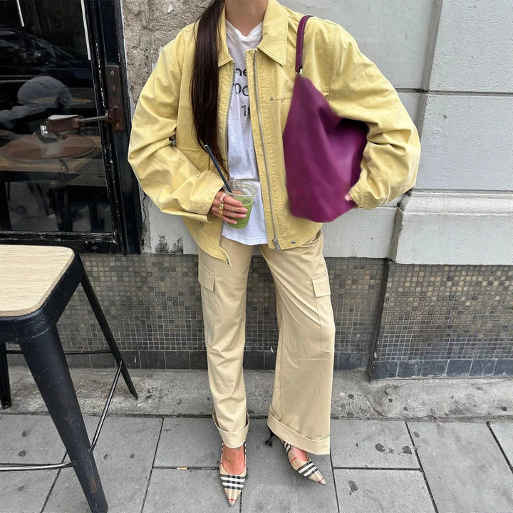 Damen Boxy-Canvas-Jacke mit Reißverschluss, Pattentaschen und Taillen-Zug Drune