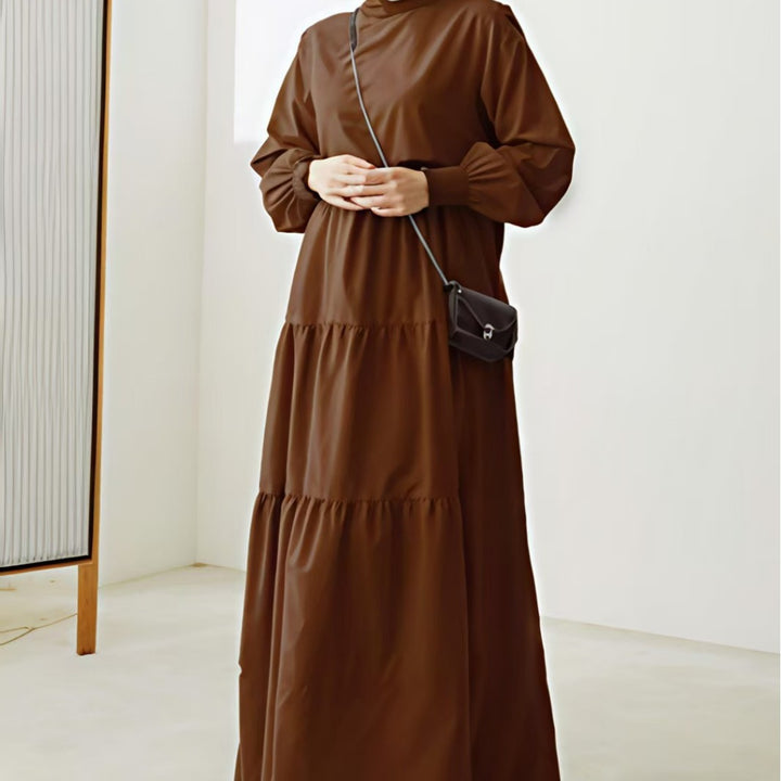 Damen Maxikleid mit Stufenrock, hohem Kragen und gerafften Ärmeln Drune