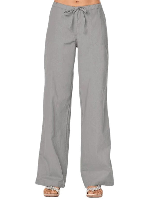 Damen weit geschnittene Leinenhose mit verstellbarem Bund und praktischen Taschen Drune