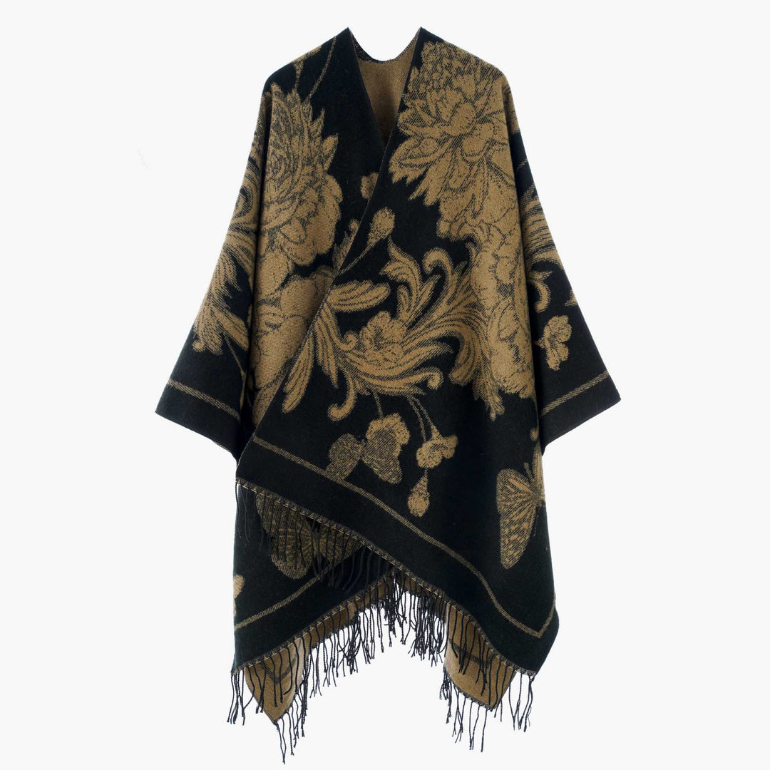 Damen Großer Wollmix Fransenponcho mit diagonalen Kontraststreifen Drune