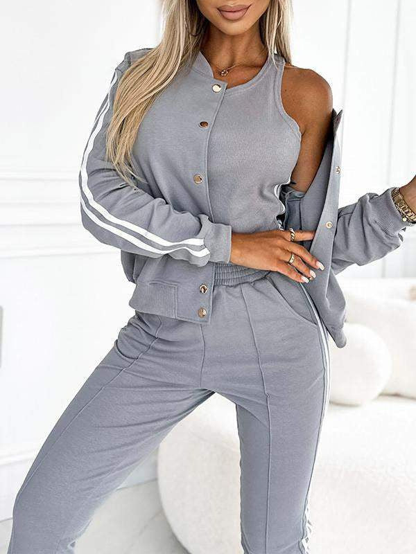 Damen nan sportliches Jogginganzug-Set mit Collegejacke, kurzes Top und slim-fit Jogginghose Drune