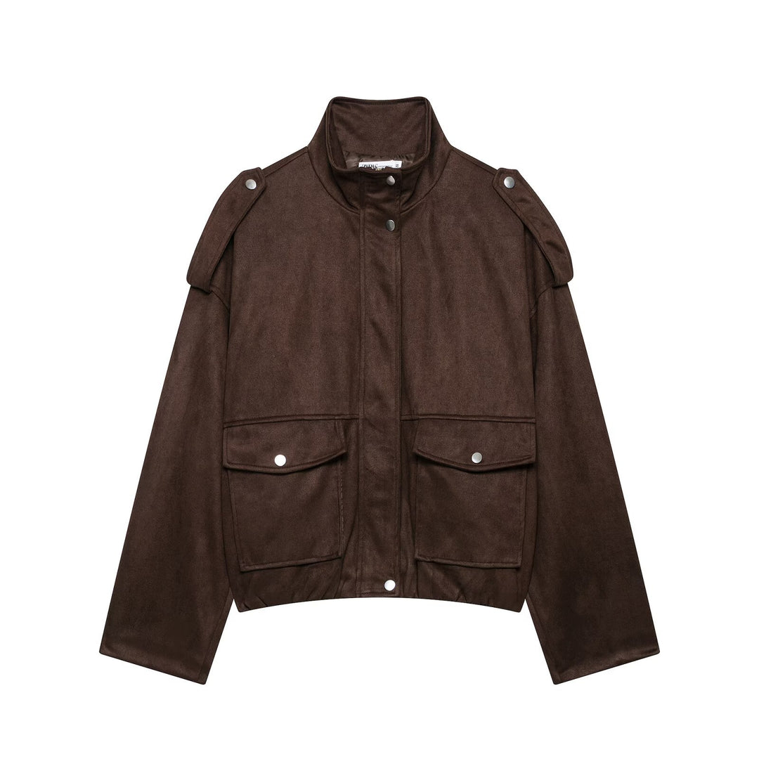 Damen Cropped Field-Jacke in Wildlederoptik mit Stehkragen, Schulterklappen und großen Pattentaschen Drune