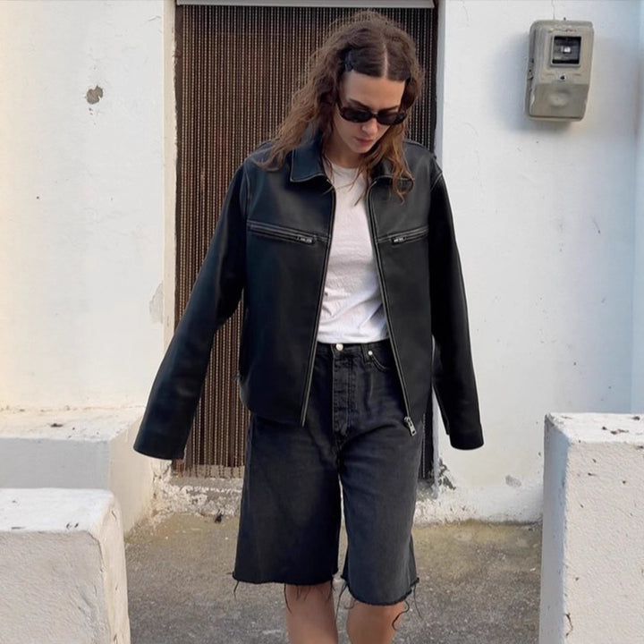Damen Boxy-Lederimitatjacke mit zweifachem Reißverschluss und Brustzippern Drune