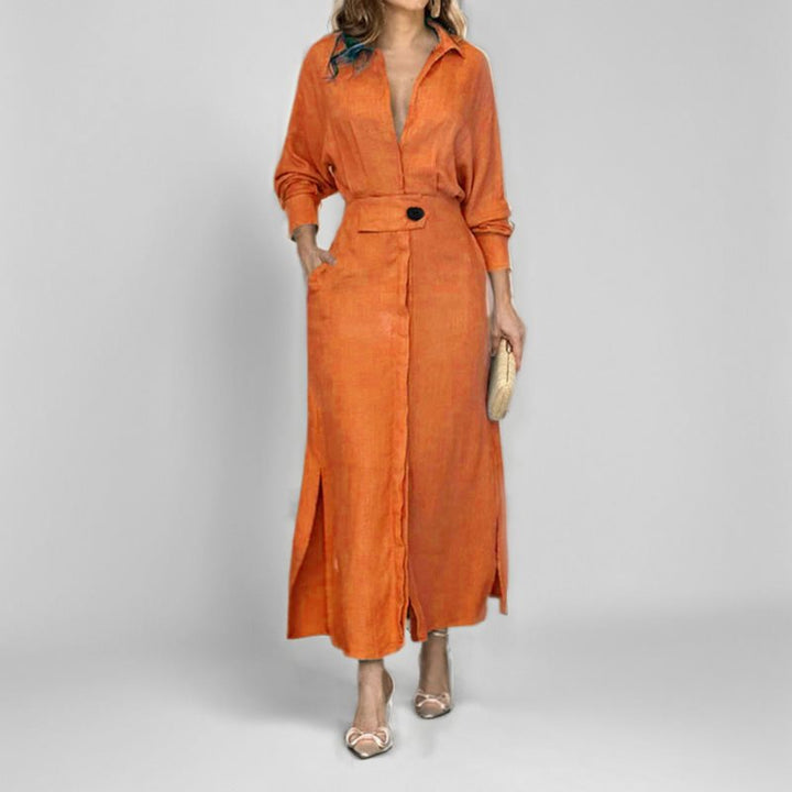 Damen stilvolles Maxikleid mit Hemdkragen und seitlichen Schlitzdetails Drune