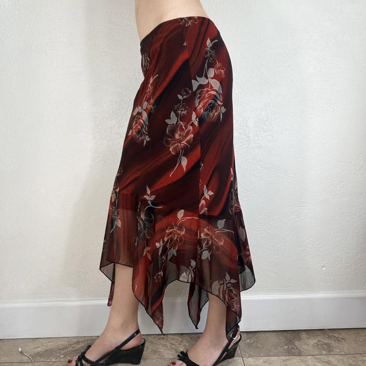 Damen Asymmetrischer Mesh-Midirock mit Volantstufen und floralem Muster Drune