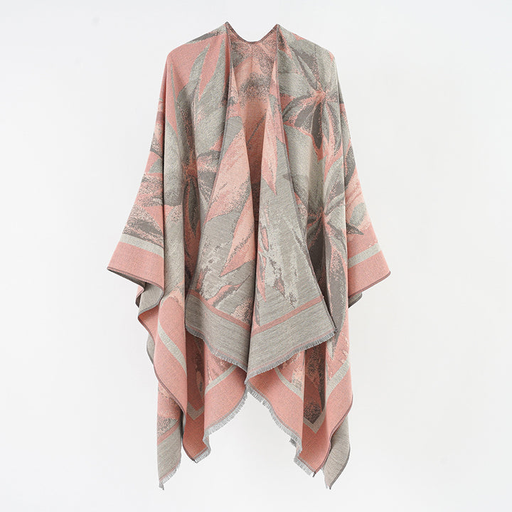 Damen Jacquard-Überwurfponcho mit floral-abstrakter Webstruktur und weichfallendem Oversize-Cape Drune