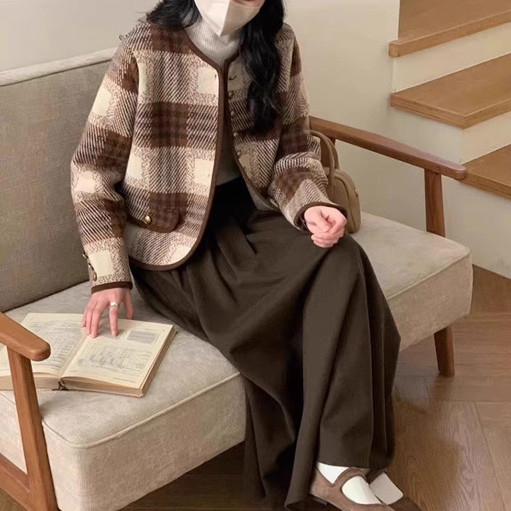Damen Freizeitblazer mit eleganter Karomusterung und Knopfdetails Drune