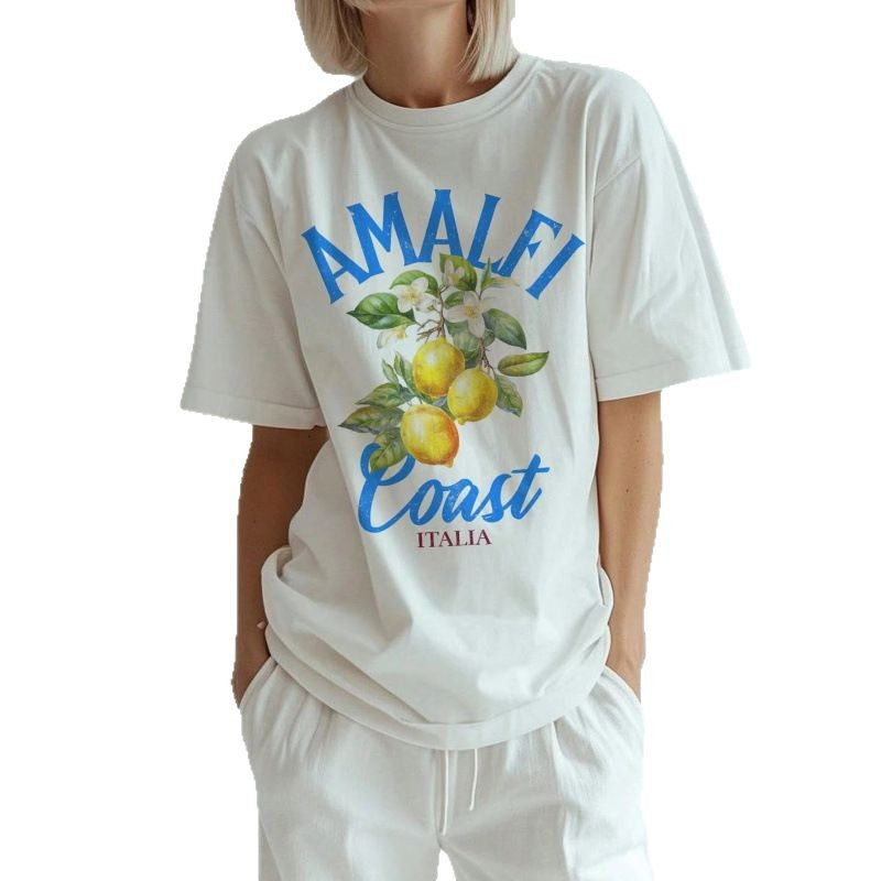 Damen T-Shirt mit stilvollem Zitronenmotiv und Amalfi Coast Schriftzug Drune