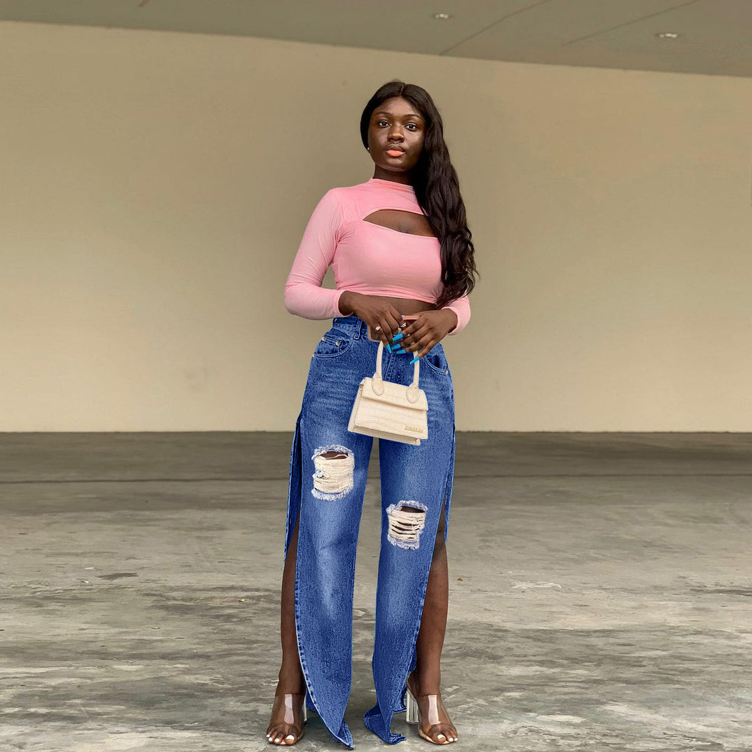 Damen geweitete Denim-Jeans mit hohen Seitenschlitzen und Destroyed-Kniepartie Drune