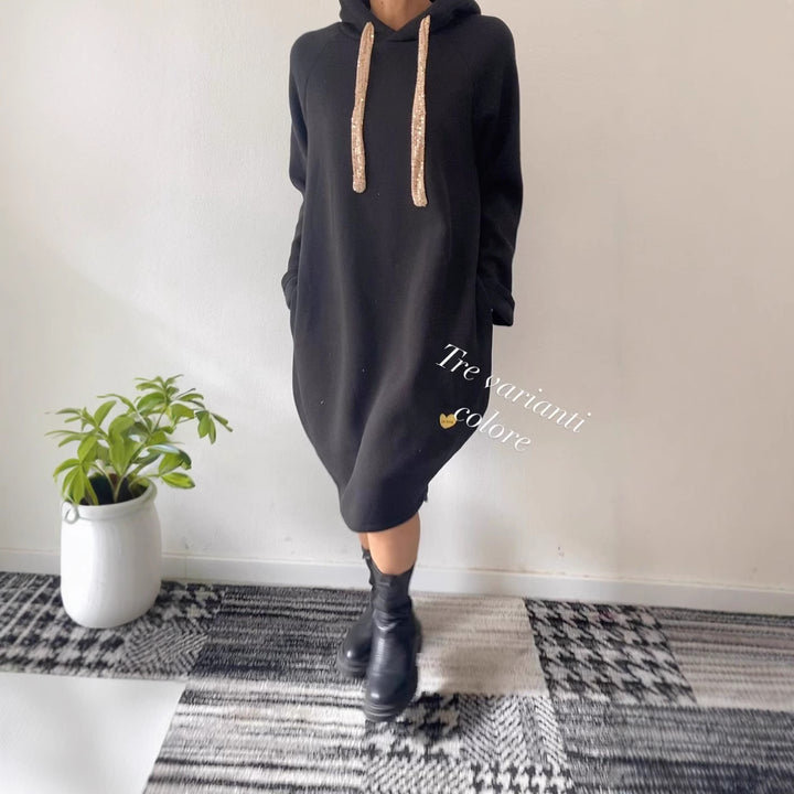 Damen Kapuzenkleid im lässigen Oversize-Stil mit glitzernden Akzenten Drune
