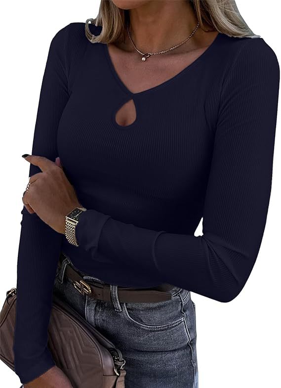 Damen Tailliertes geripptes Langarmshirt mit V-Ausschnitt und Tropfen-Cut-Out Drune