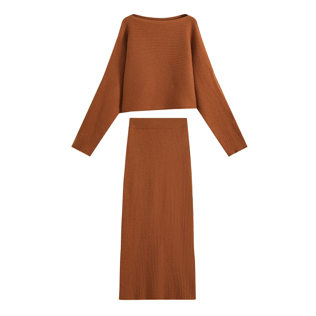Damen Zweiteiliger gerippter Strick‑Set mit Cropped‑Pullover und Midirock Drune