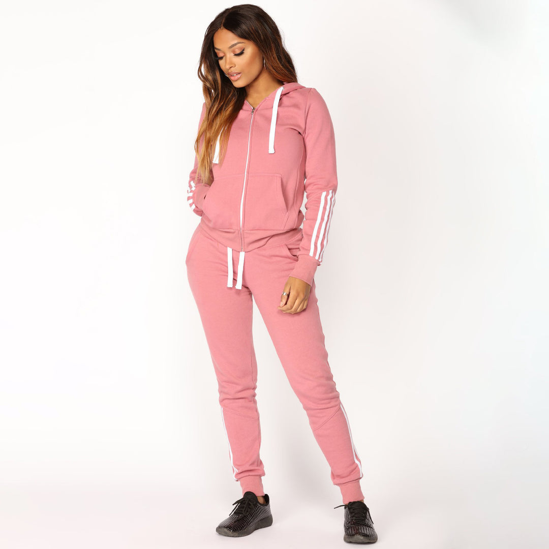 Damen sportliches Zip-Hoodie und Slim-Jogger-Set aus French-Terry mit kontrastierenden Streifen Drune