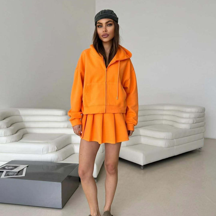 Damen Kurzzip-Kapuzenjacke mit plissiertem Minirock-Lounge-Set Drune