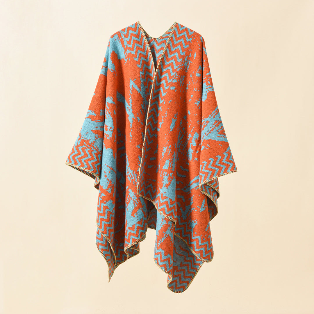 Damen Strick‑Ruana mit abstraktem Jacquard und Kettelsaum Drune