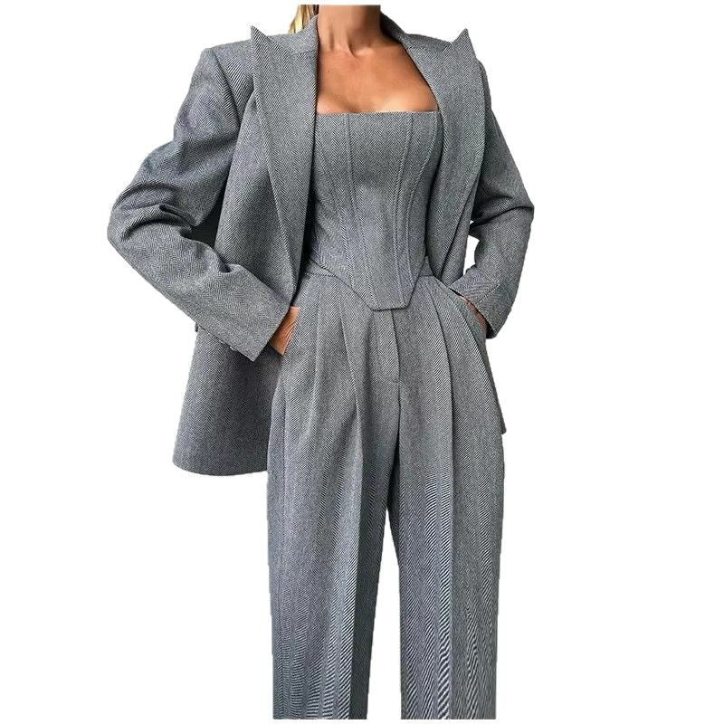 Damen Blazer-Anzug mit figurbetontem Oberteil und weiten Beinen Drune