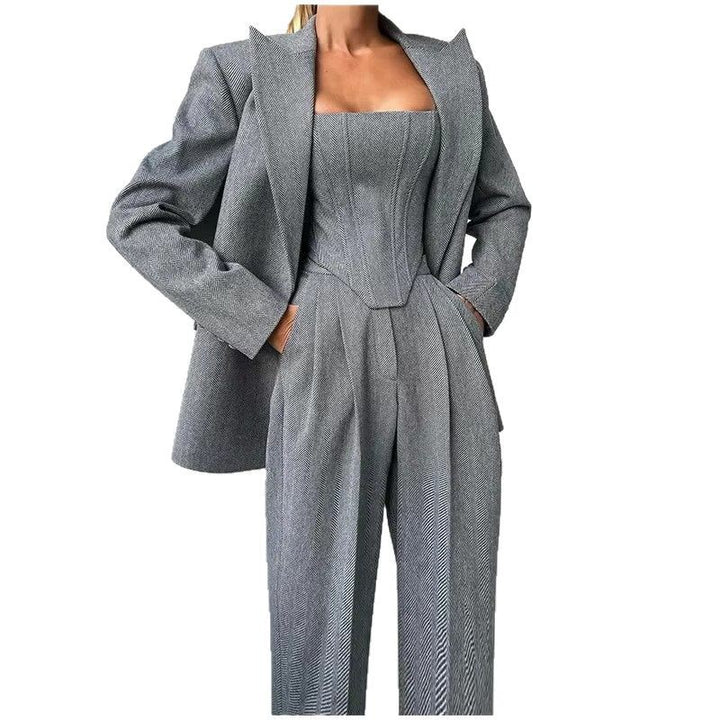 Damen Blazer-Anzug mit figurbetontem Oberteil und weiten Beinen Drune