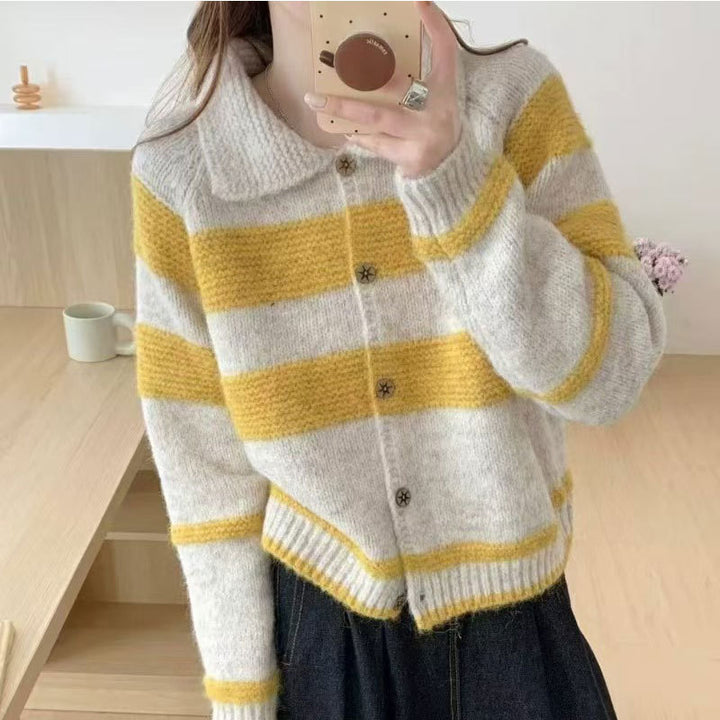 Damen kuschelige Strickjacke mit kontrastierenden Streifen und weich gestricktem Material Drune