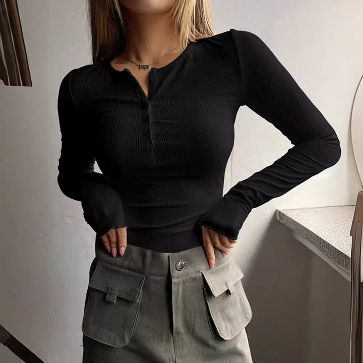Damen Langarmshirt mit Knopfleiste und feiner Rippstruktur Drune