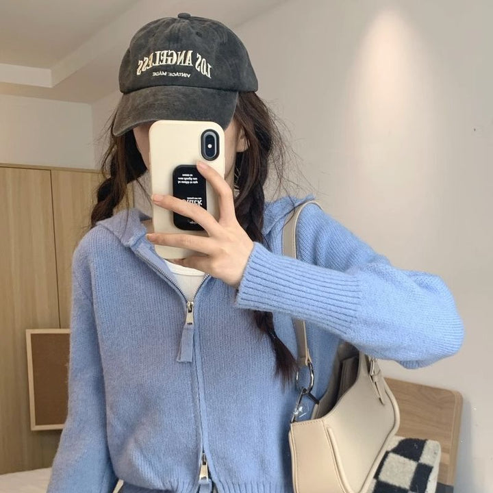 Damen Leichte Strickjacke mit Hoodie und Reißverschluss Drune