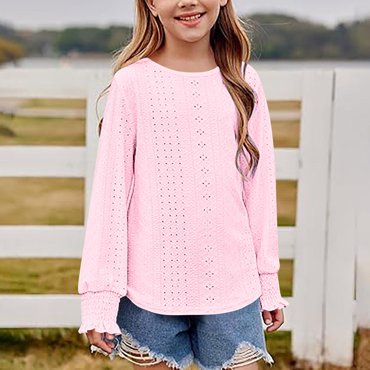 Damen Ajourgestricktes Oversize-Pullover-Shirt mit Ballonärmeln und Rüschenbündchen Drune