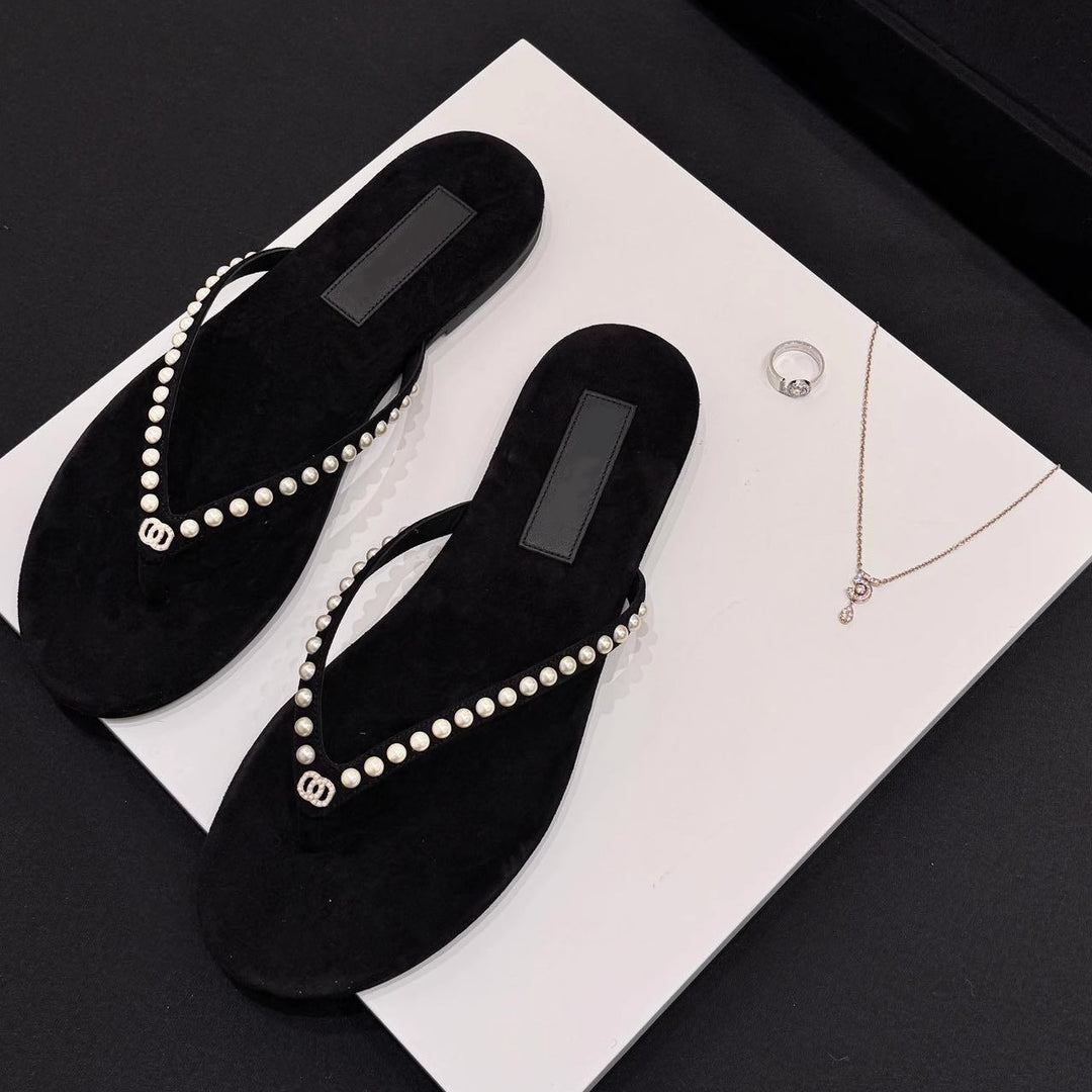 Damen Luxus Wildleder Flip Flops mit elegantem Dekor Drune