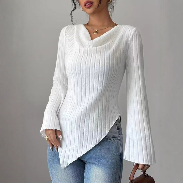 Damen Asymmetrischer Gerippter Feinstrickpullover mit V-Ausschnitt Drune