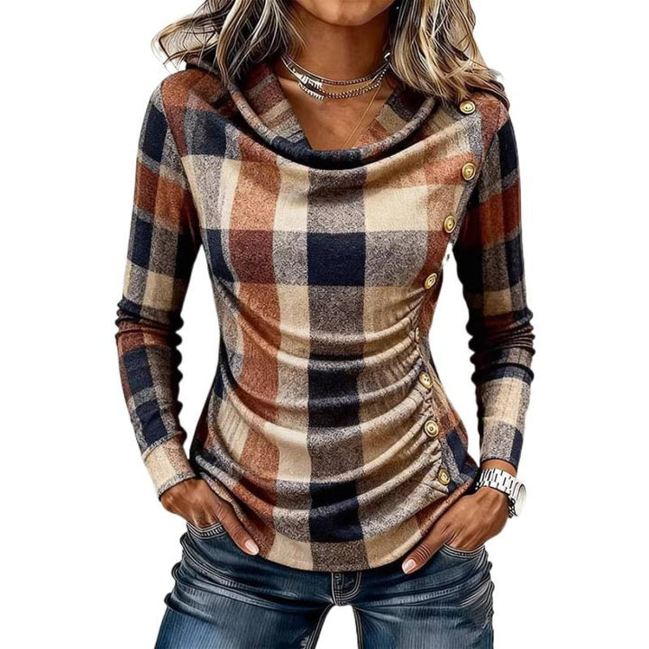 Damen Kariertes Langarm-Feinstrickshirt mit Wasserfallkragen und Zierknopfleiste Drune