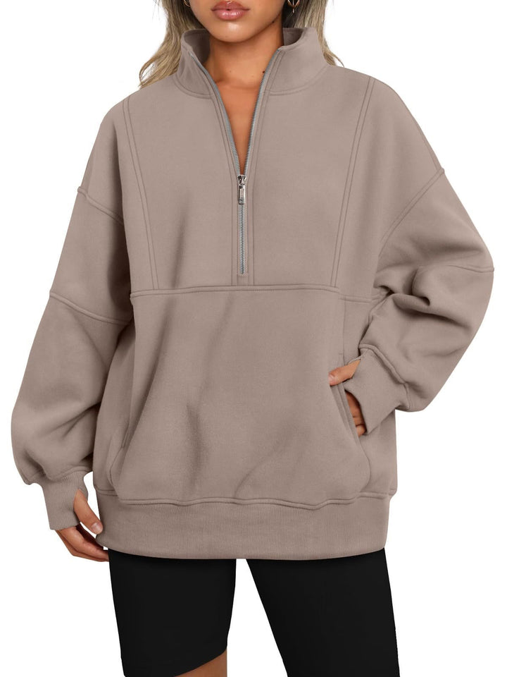 Damen Oversize-Sweatshirt mit halbem Reißverschluss, Stehkragen und Kängurutasche Drune