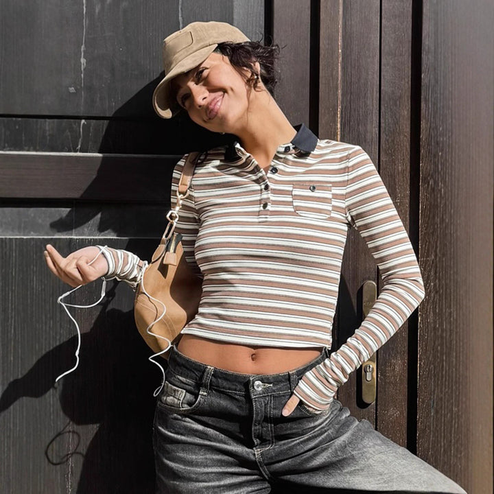 Damen nan gestreiftes Polo-Crop-Longsleeve mit kontrastkragen und Brusttasche Drune