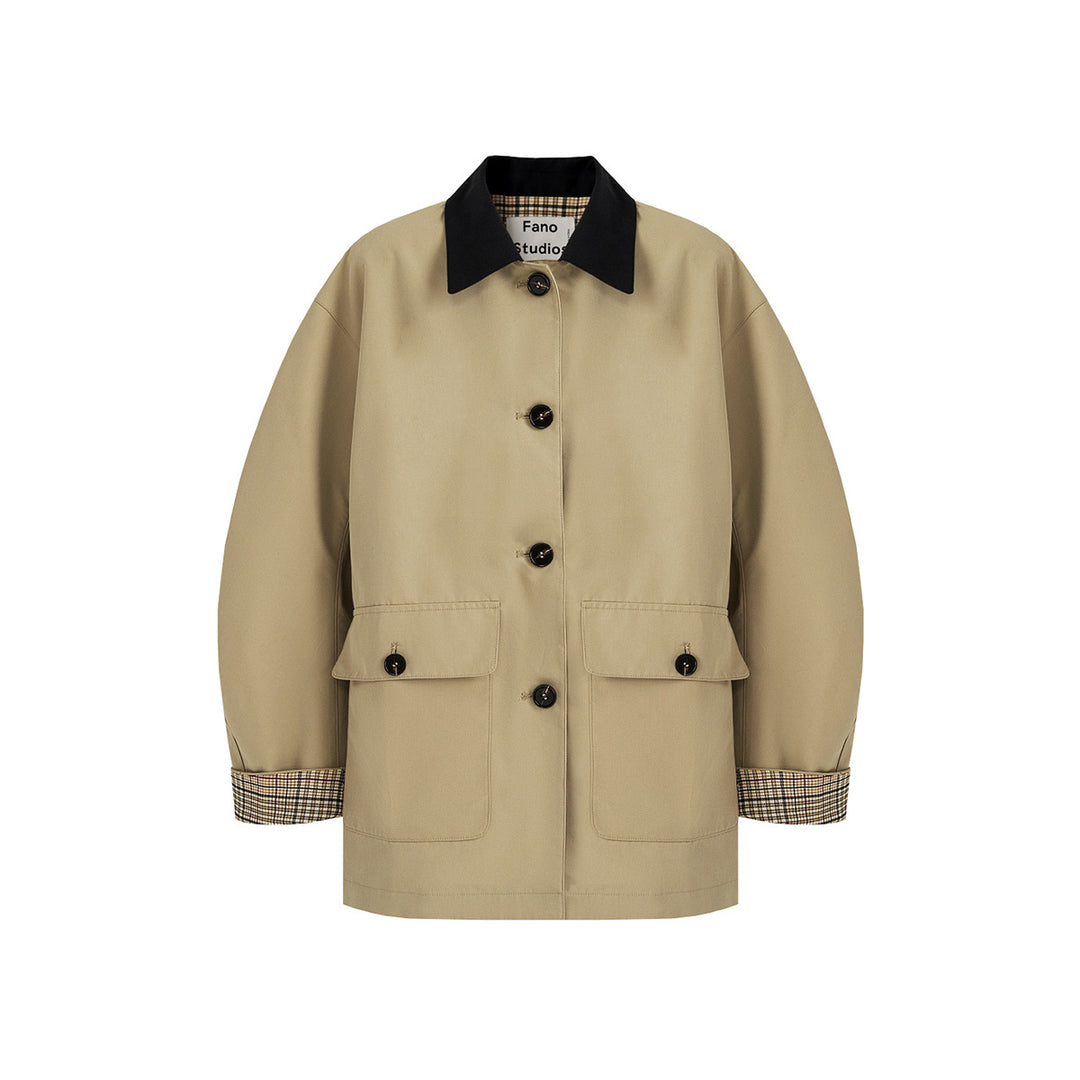 Damen Kurztrenchjacke mit Karofutter und Kontrastkragen Drune