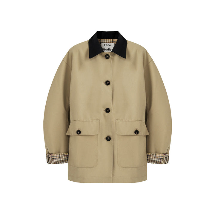 Damen Kurztrenchjacke mit Karofutter und Kontrastkragen Drune