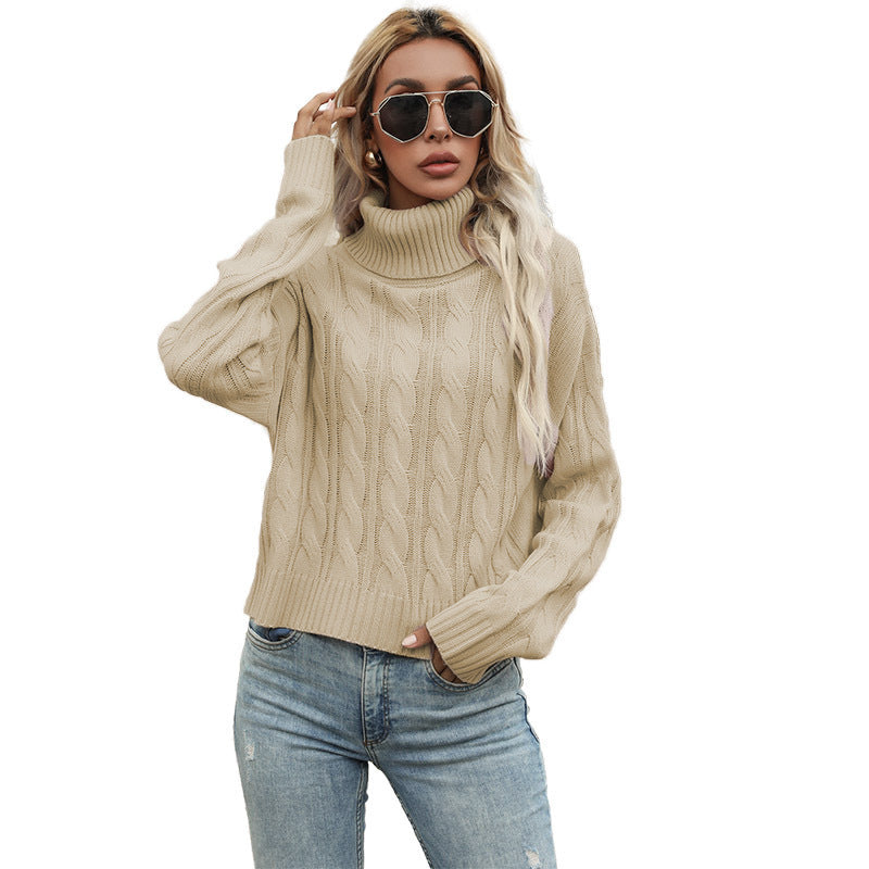 Damen Grobstrickpullover mit hohem Kragen und raffiniertem Zopfmuster Drune