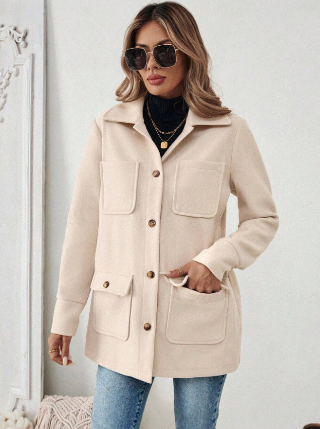 Damen Modische Utility-Jacke mit großen Taschen und goldenem Druck Drune