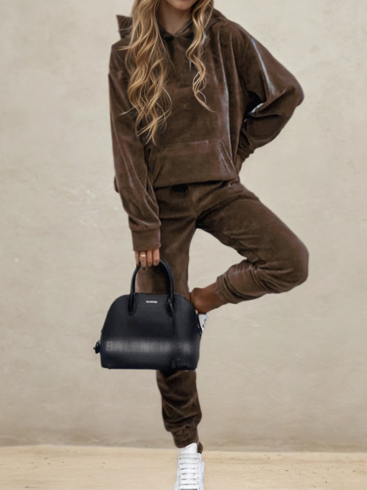 Damen Samt-Jogginganzug mit Kapuzenhoodie, Kängurutasche und elastischer Bündchenhose Drune