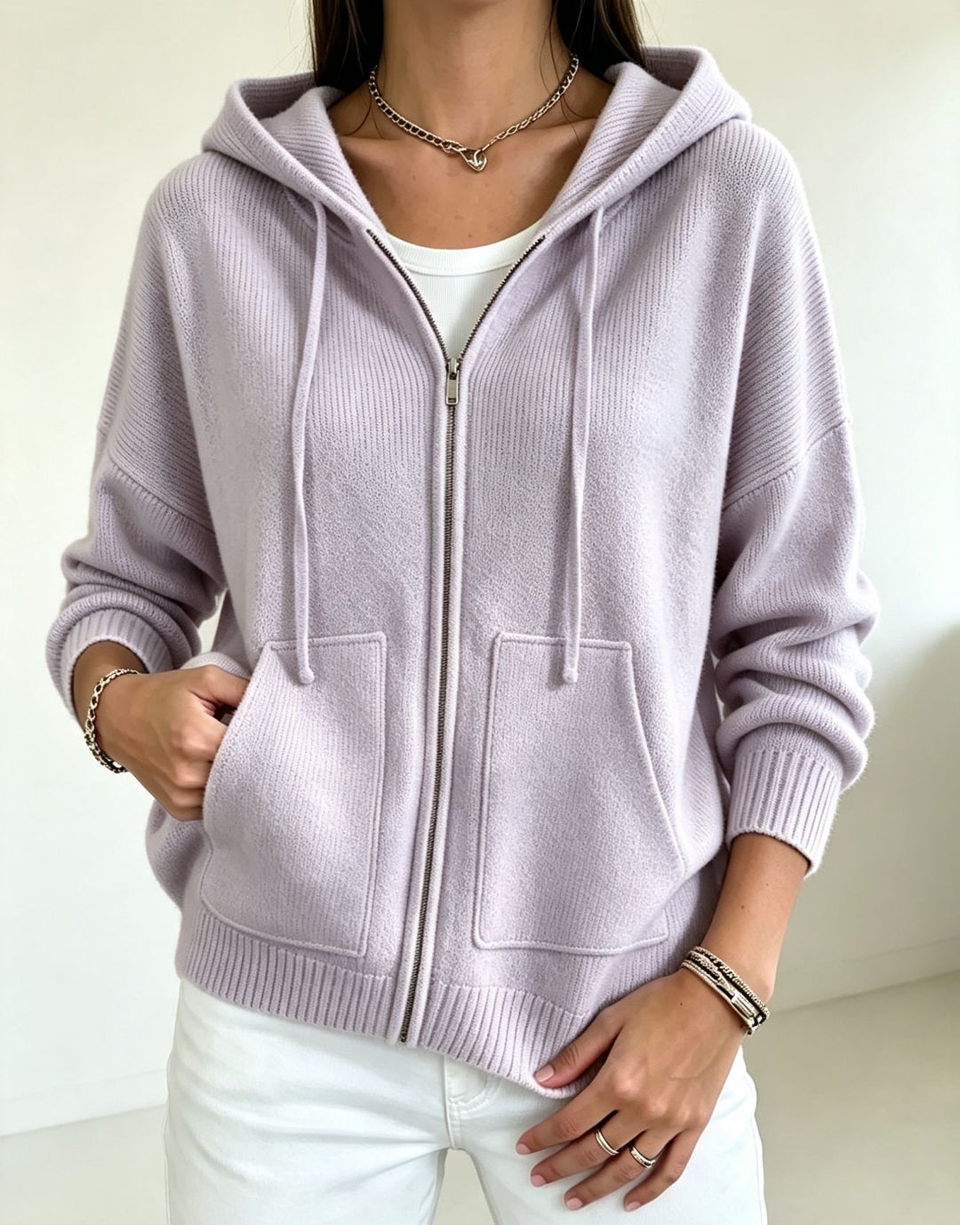 Damen Kapuzen-Wollmix Zip-Cardigan mit kastiger Passform und Kängurutaschen Drune