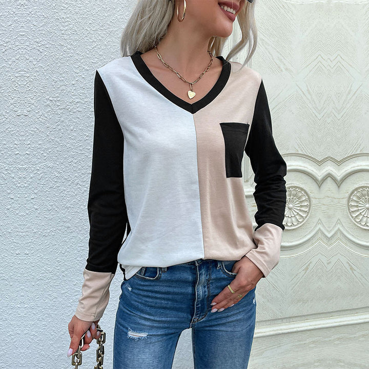 Damen Elegantes Colorblock-Langarmshirt mit V‑Ausschnitt und Brusttasche Drune