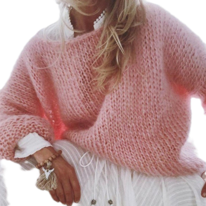 Damen Kurzgeschnitteter flauschiger Grobstrickpullover mit überschnittener Schulter Drune