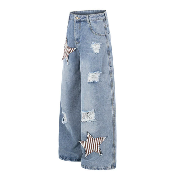 Damen weite hochgeschnittene Jeans mit Stern-Applikationen und Destroy-Effekt Drune