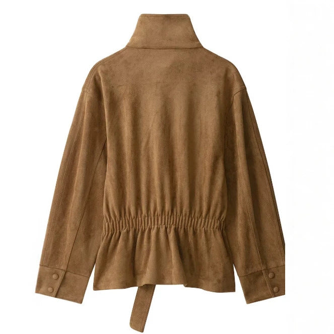 Damen Kurzjacke aus Veloursoptik mit Stehkragen und Taillengürtel Drune