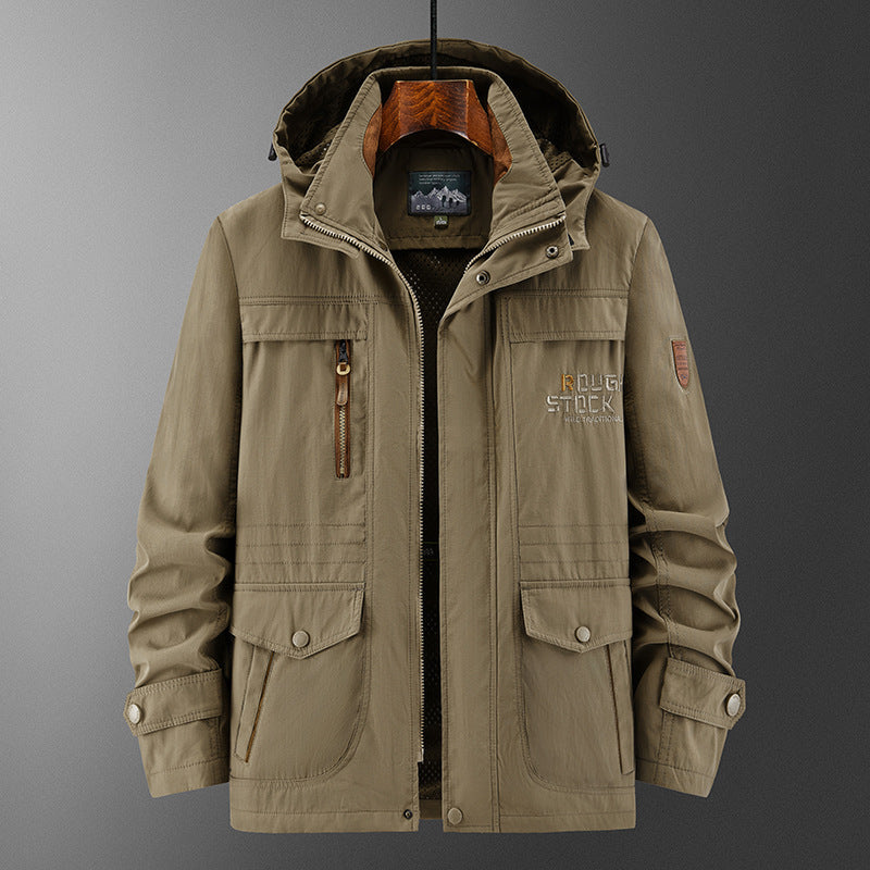 Herren Technische Feldjacke mit Kapuze, Multifunktionstaschen und atmungsaktivem Meshfutter Drune