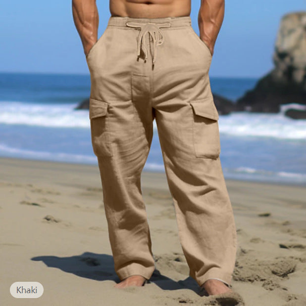 Herren weite Freizeit-Cargohose aus Leinenmix mit Tunnelzugbund, aufgesetzten Klappentaschen und entspanntem Strandfit Drune