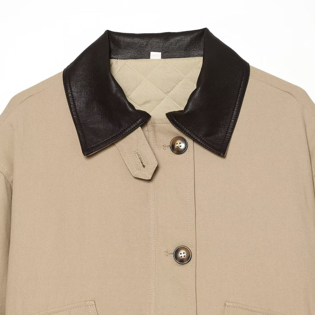 Damen Kurzjacke mit kontrastiertem Lederkragen und Umschlagärmeln Drune