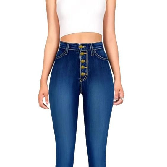 Damen hochtaillierte formende Flared-Jeans mit sichtbarer Knopfleiste Drune