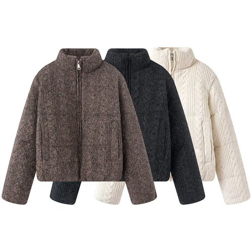 Damen nan gesteppte Strickoptik-Steppjacke mit Zopfmuster, Stehkragen und Eingrifftaschen Drune