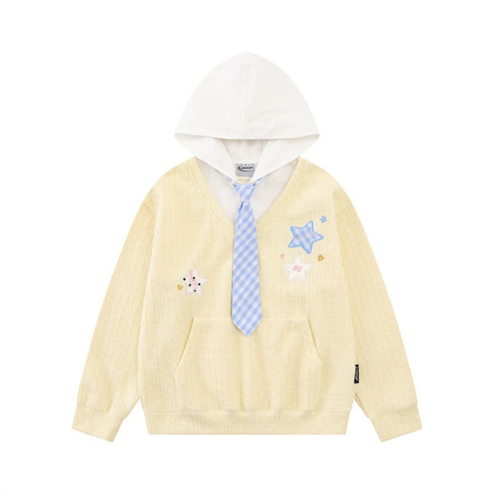 Damen Kapuzenpullover mit V‑Ausschnitt, angenähter Krawatten‑Applikation und Sternpatches Drune