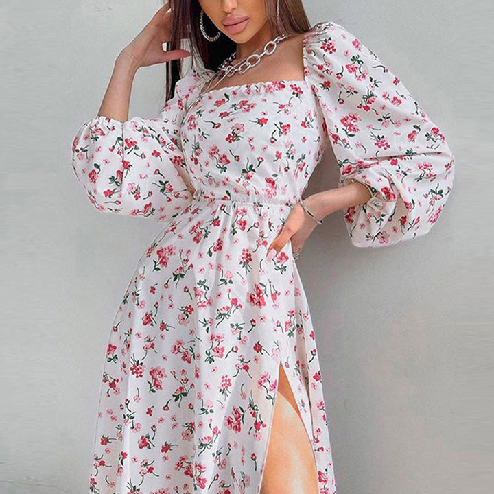 Damen Maxikleid mit elastischen Puffärmeln und sexy Schlitz Drune