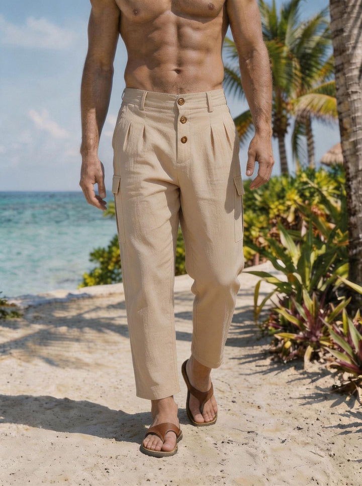 Herren Bundfalten-Cargohose mit Knopfverschluss, aufgesetzten Cargotaschen und gekürztem Bein Drune