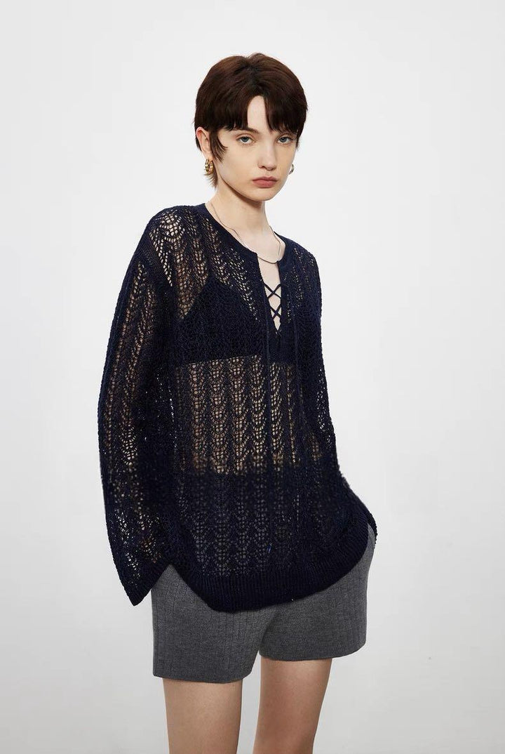 Damen luftiger Strickpulli mit raffiniertem Auschnitt Drune