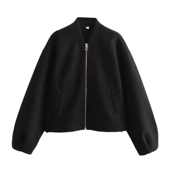 Damen nan kurz geschnittene minimalistische Bomberjacke mit verdecktem Reißverschluss und aufgesetzten Eingrifftaschen Drune